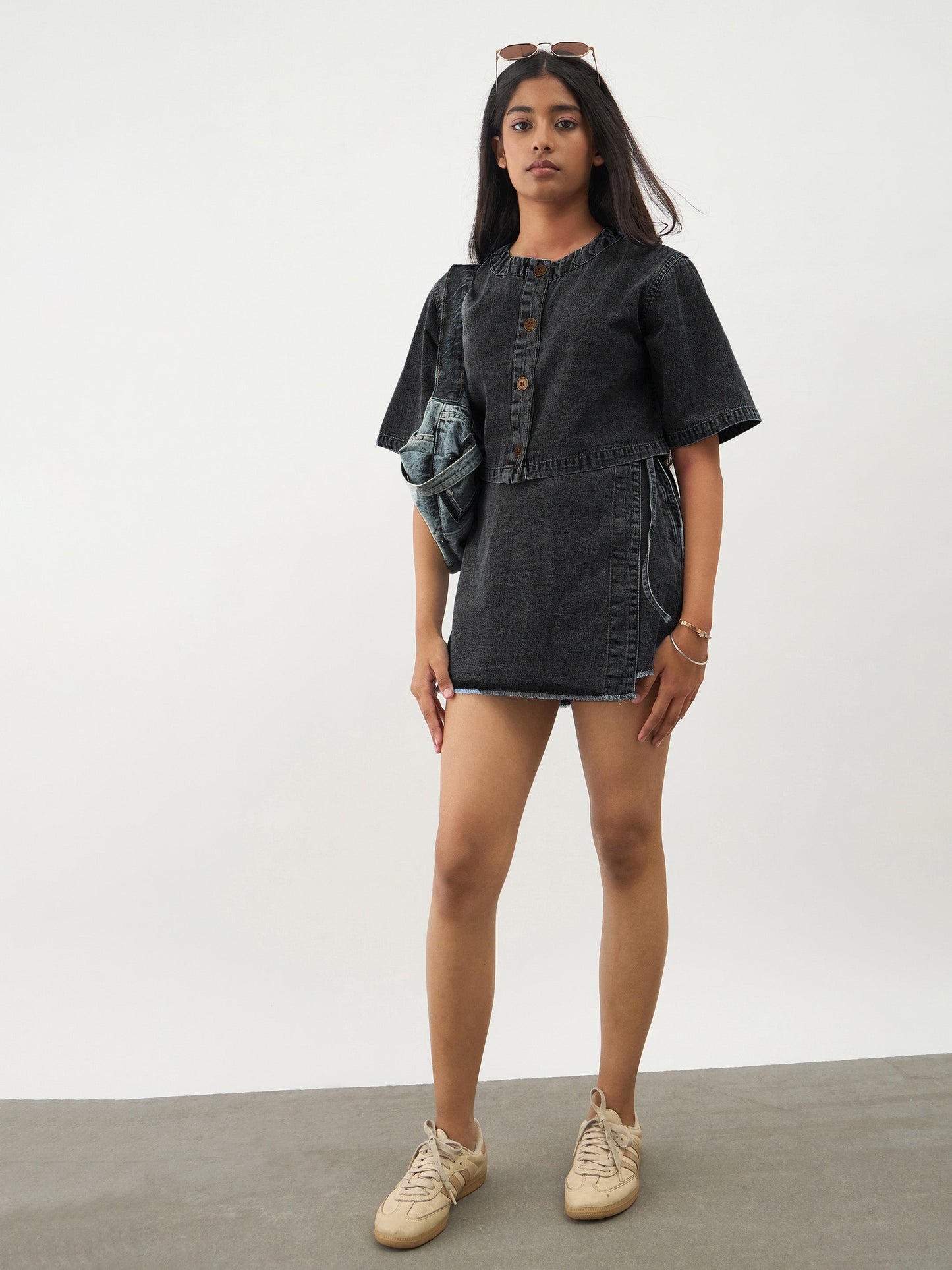Girls Black Denim Round Neck Crop Top With Wrap Skorts