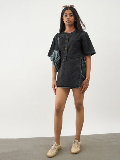 Girls Black Denim Round Neck Crop Top With Wrap Skorts