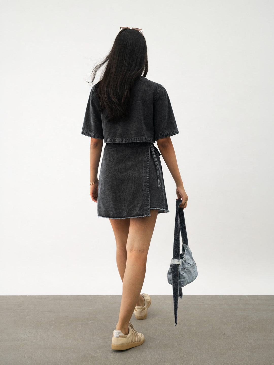 Girls Black Denim Round Neck Crop Top With Wrap Skorts