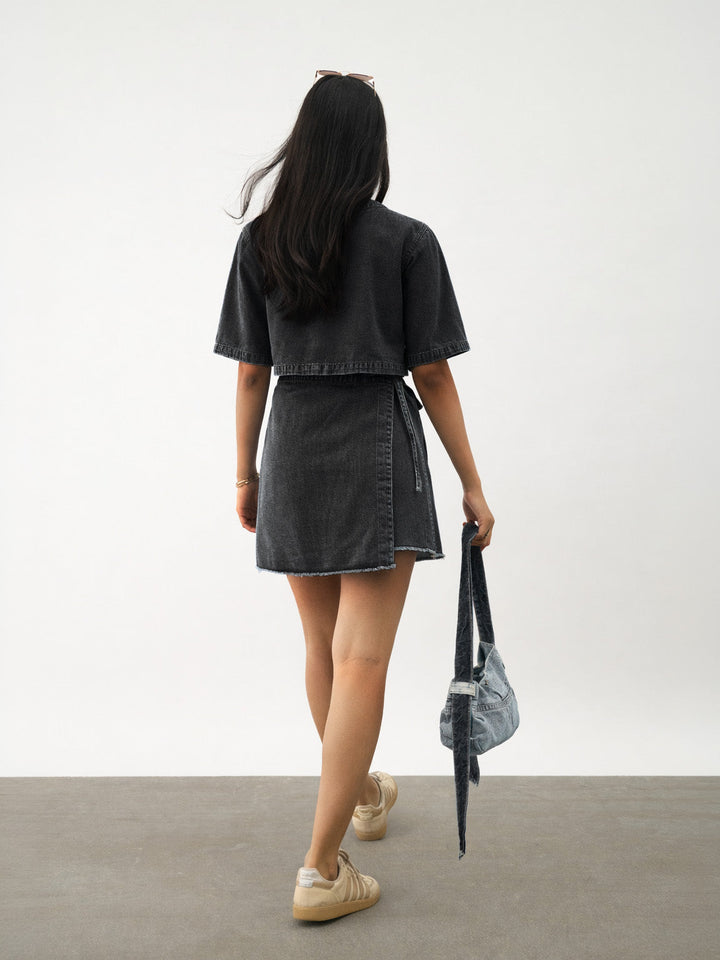 Girls Black Denim Round Neck Crop Top With Wrap Skorts