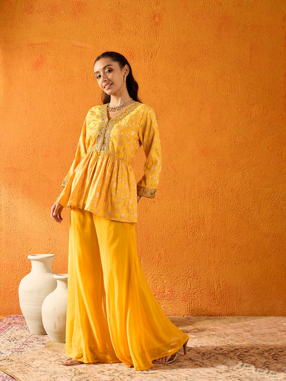 Girls Yellow Brocade V-Neck Peplum Top With Palazzos
