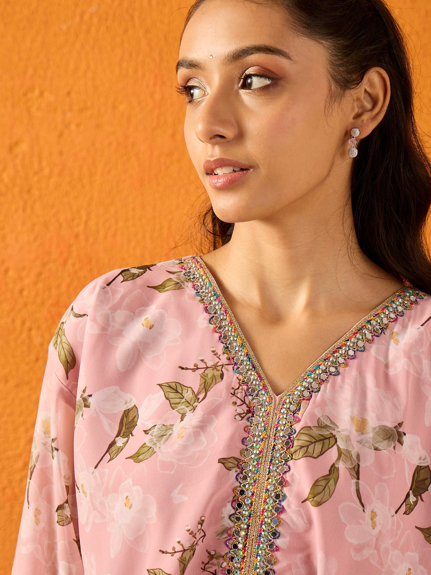 Girls Peach Floral Crop Top With Palazzos