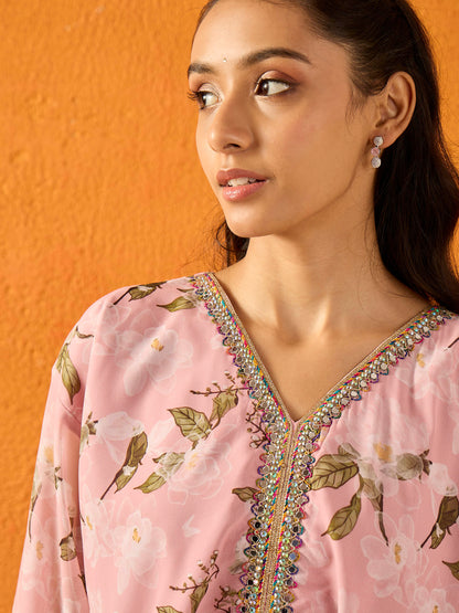Girls Peach Floral Crop Top With Palazzos