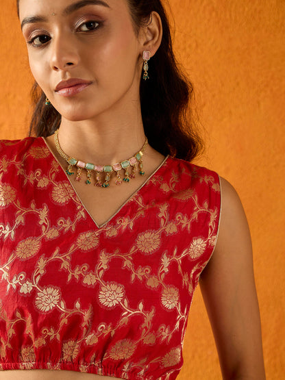 Girls Red &Fuchsia Brocade Skirt With Crop Top