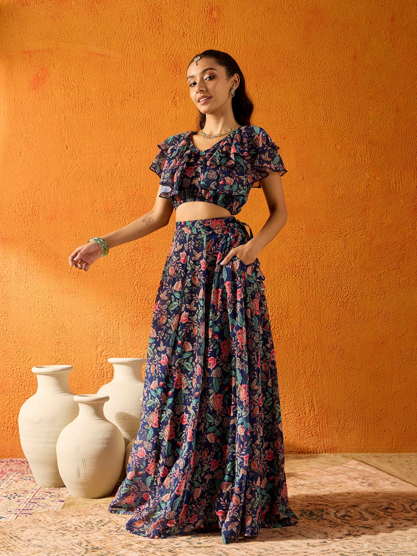 Girls Navy Blue Floral Skirt With Crop Top