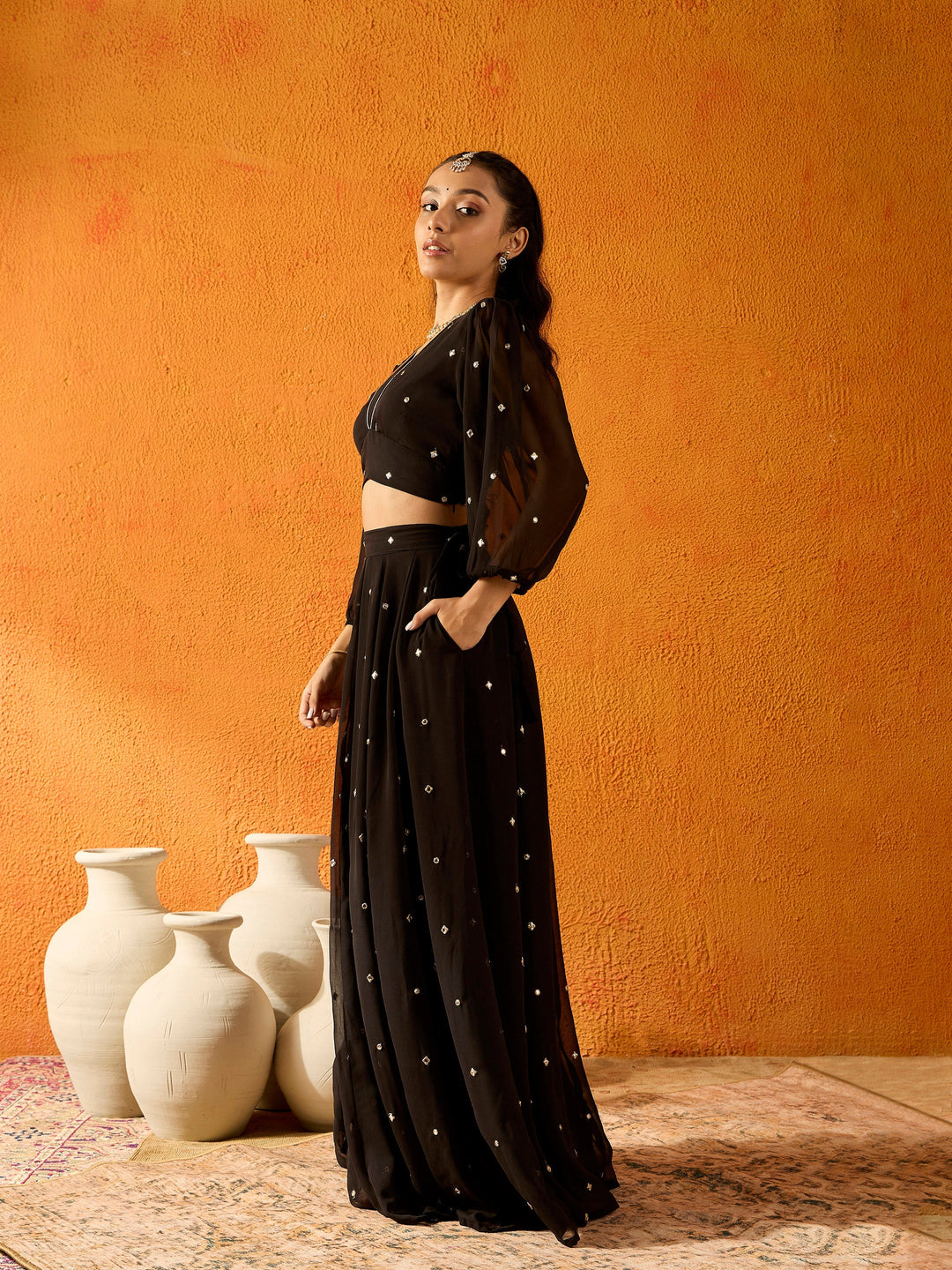 Girls Black Embroidered Skirt With Crop Top