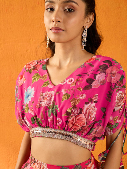 Girls Fuchsia Floral Skirt With Crop Top