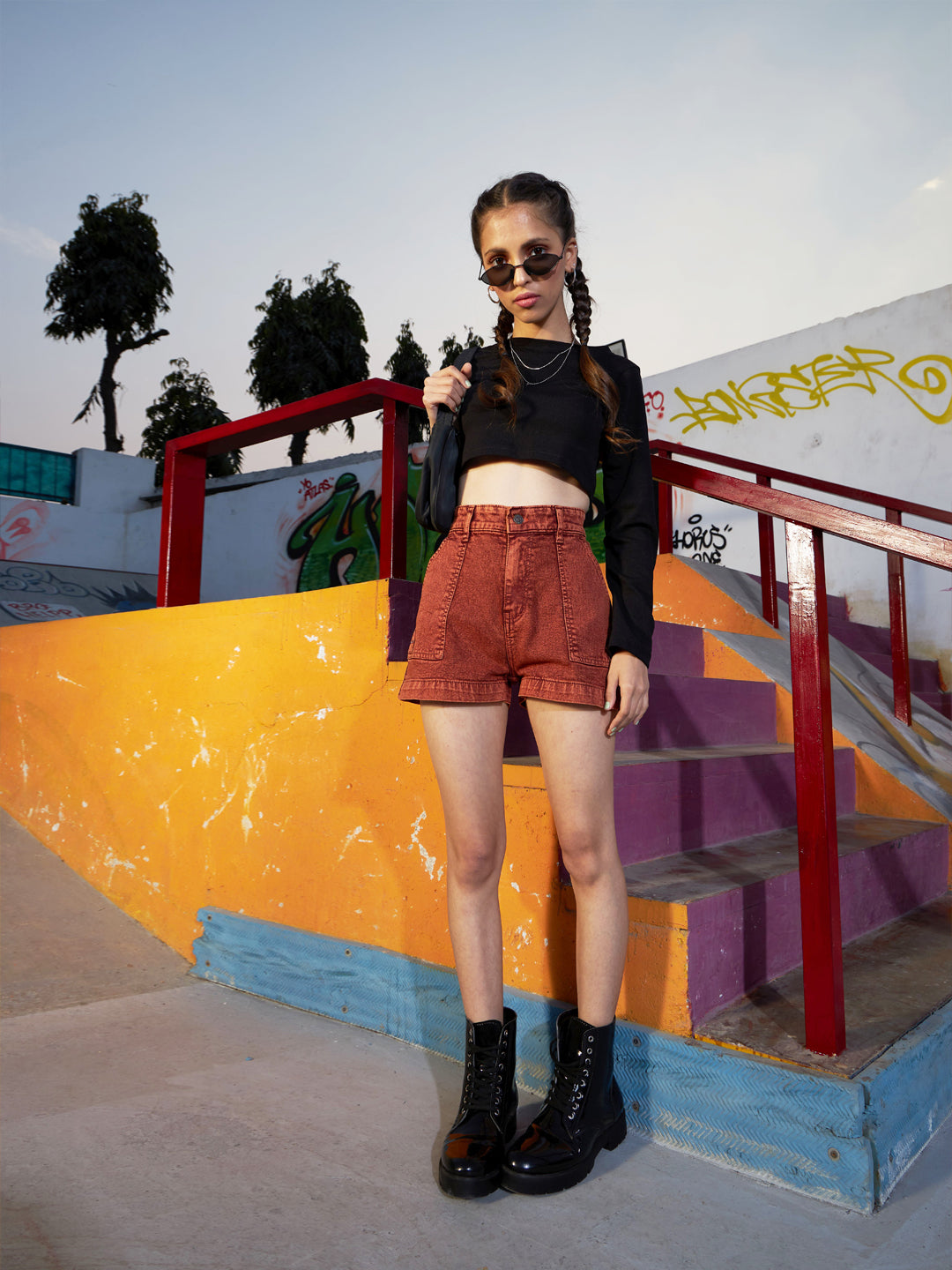 Girls Rust Acid Wash Denim Shorts