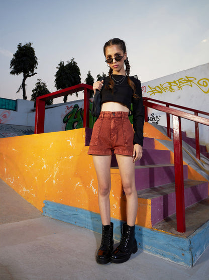 Girls Rust Acid Wash Denim Shorts