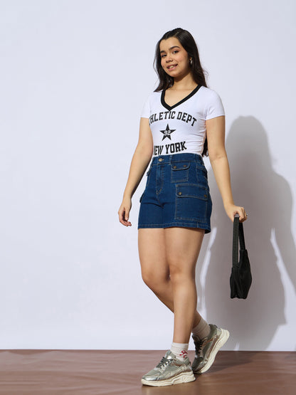 Girls Navy Denim Front Patch Pockets Shorts