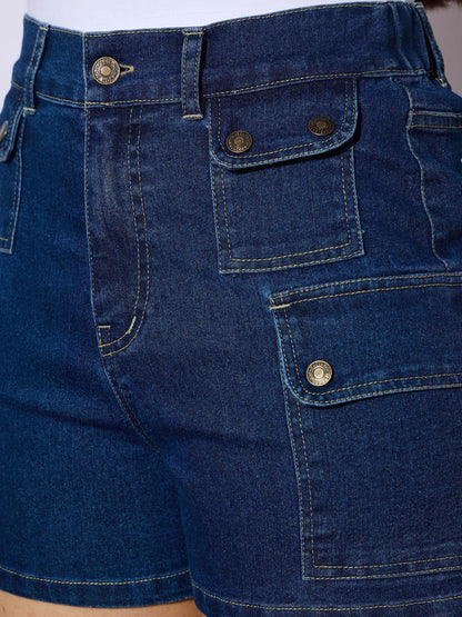 Girls Navy Denim Front Patch Pockets Shorts