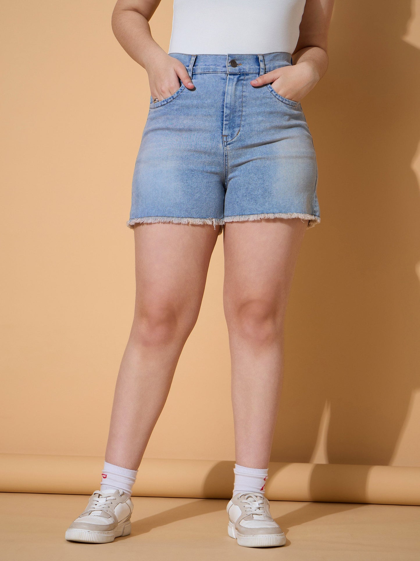 Girls Ice Blue Denim Frayed Look Shorts
