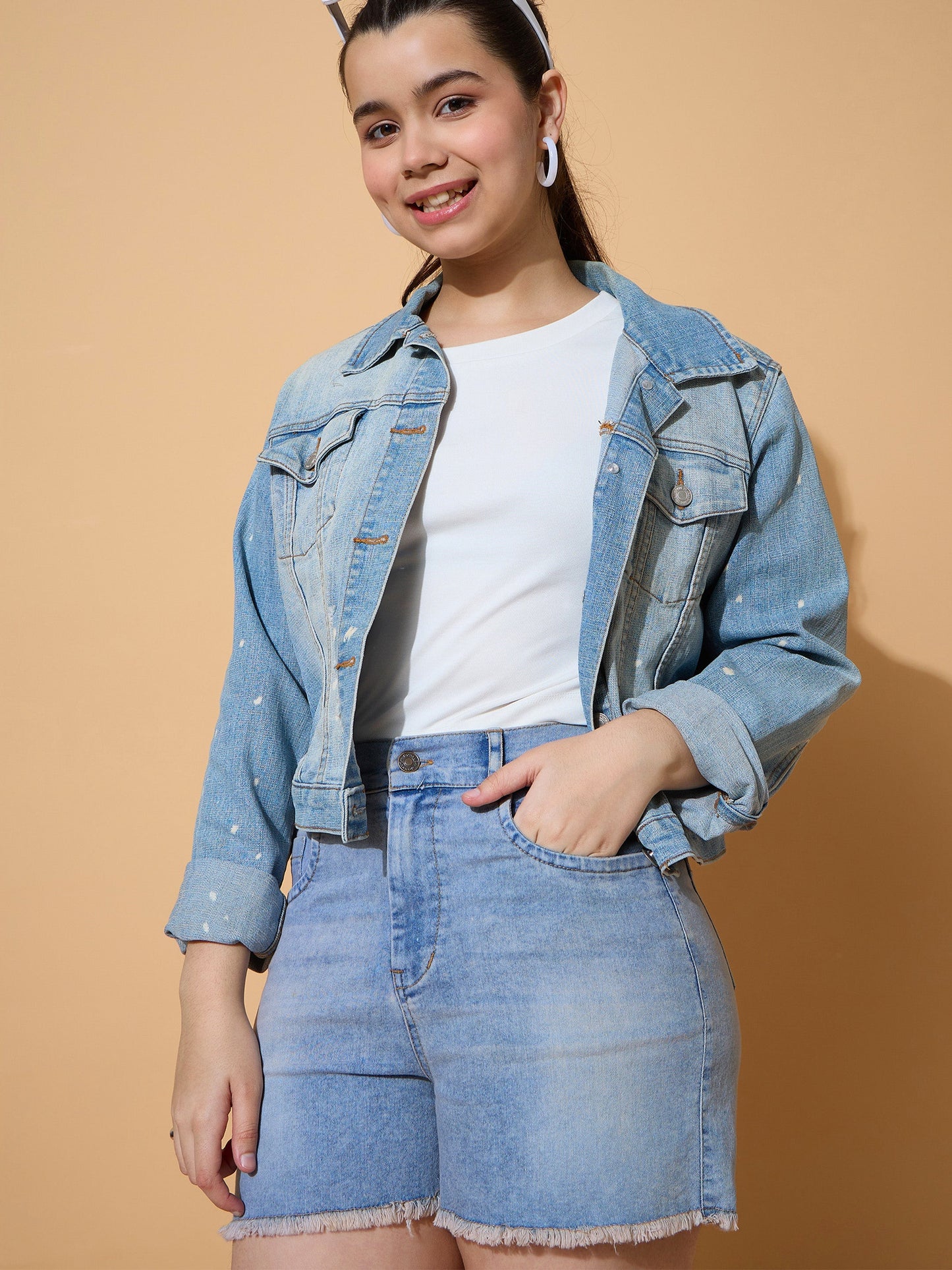 Girls Ice Blue Denim Frayed Look Shorts