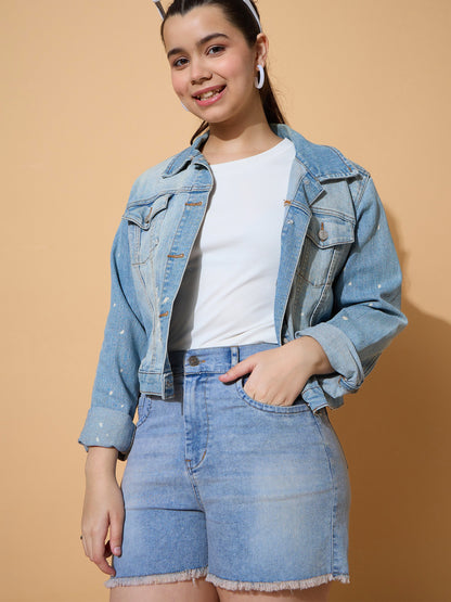 Girls Ice Blue Denim Frayed Look Shorts