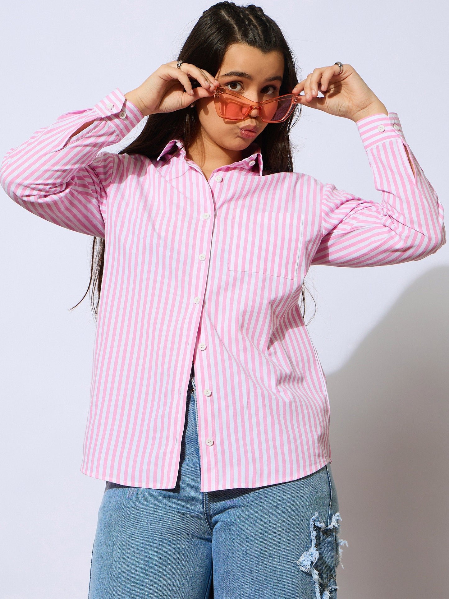 Girls Pink Stripes Poplin Oversized Shirt