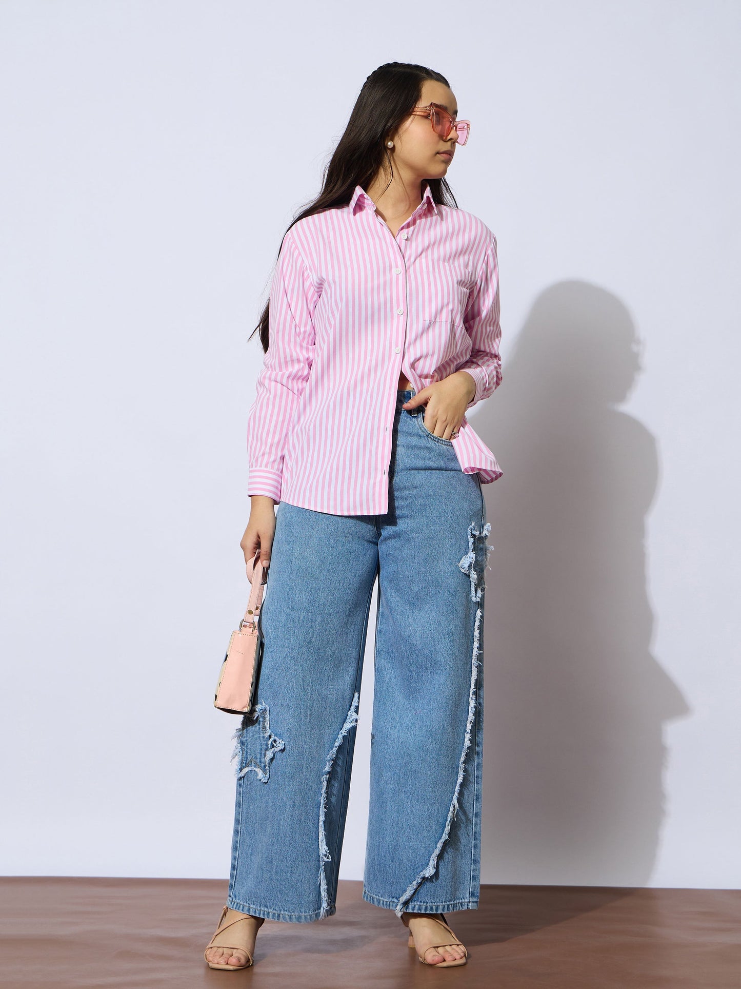 Girls Pink Stripes Poplin Oversized Shirt