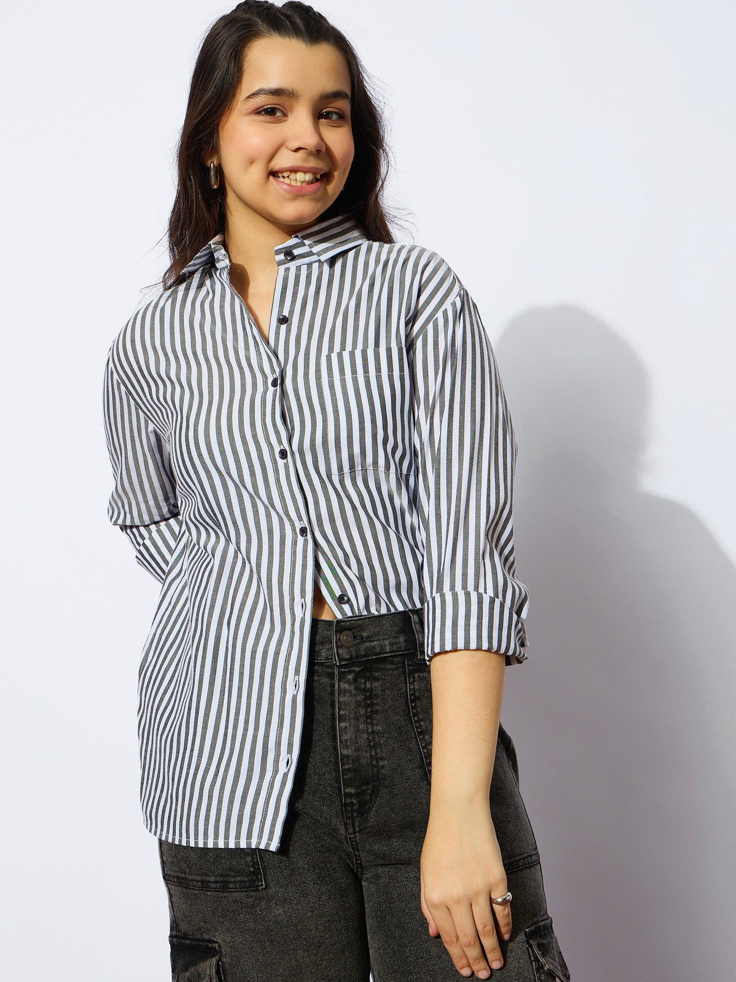 Girls Black Stripes Poplin Oversized Shirt