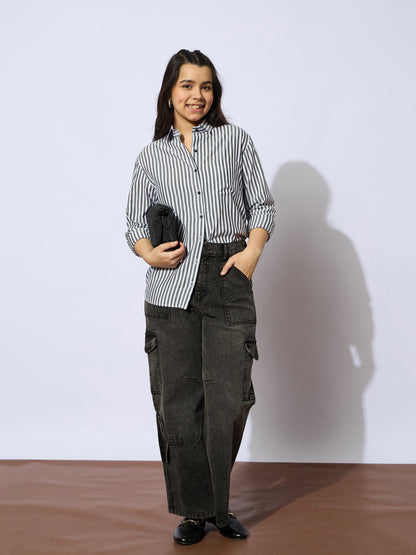 Girls Black Stripes Poplin Oversized Shirt