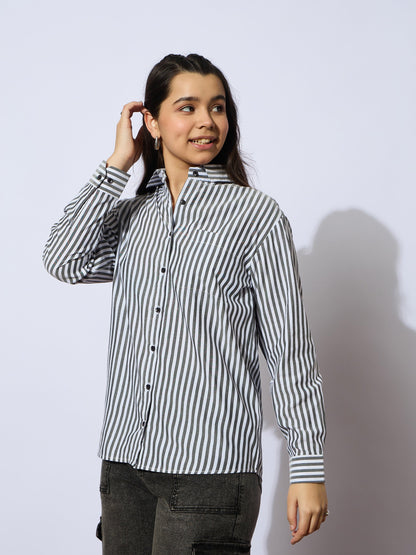 Girls Black Stripes Poplin Oversized Shirt