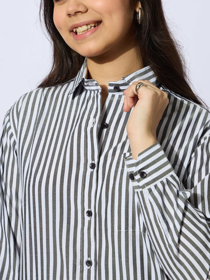 Girls Black Stripes Poplin Oversized Shirt