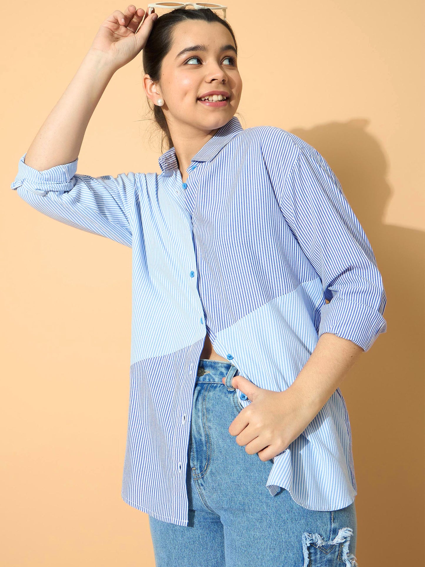 Girls Blue & Navy Stripes Poplin ColorBlock Shirt