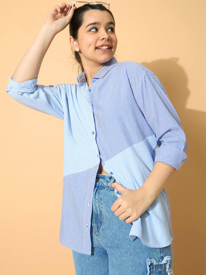 Girls Blue & Navy Stripes Poplin ColorBlock Shirt