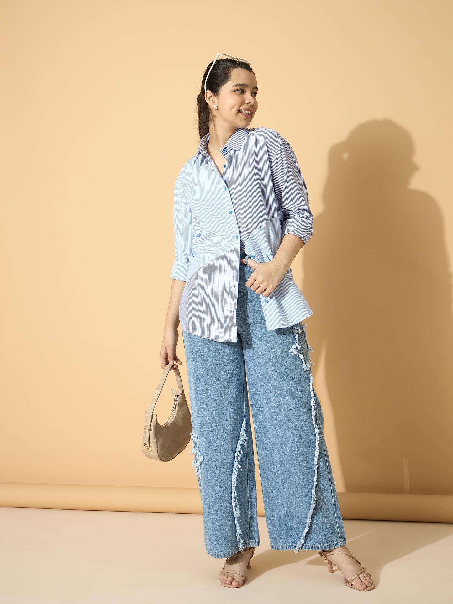 Girls Blue & Navy Stripes Poplin ColorBlock Shirt