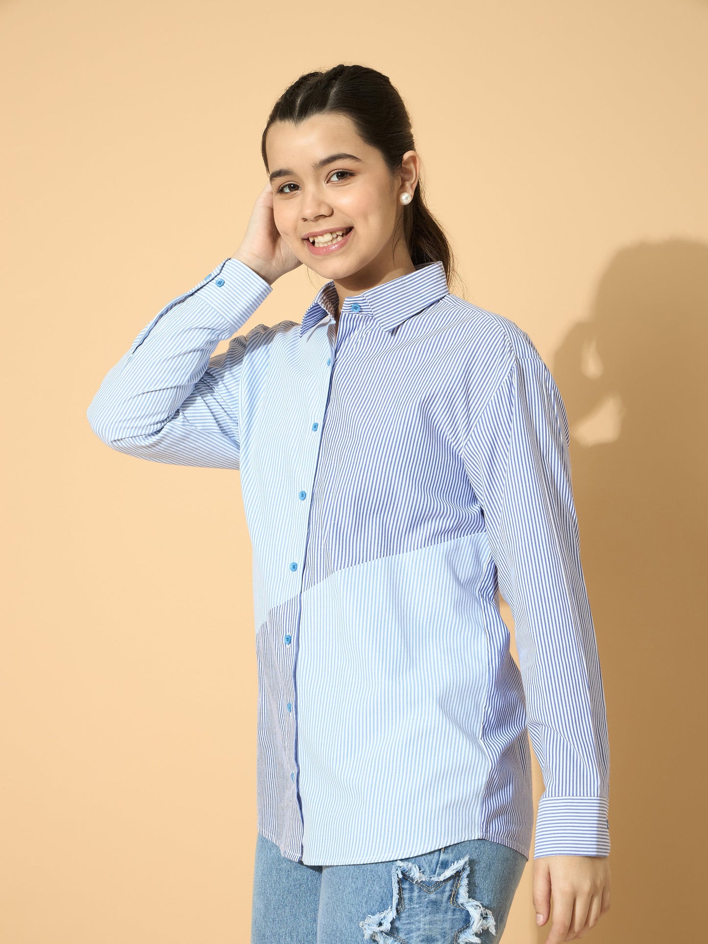 Girls Blue & Navy Stripes Poplin ColorBlock Shirt
