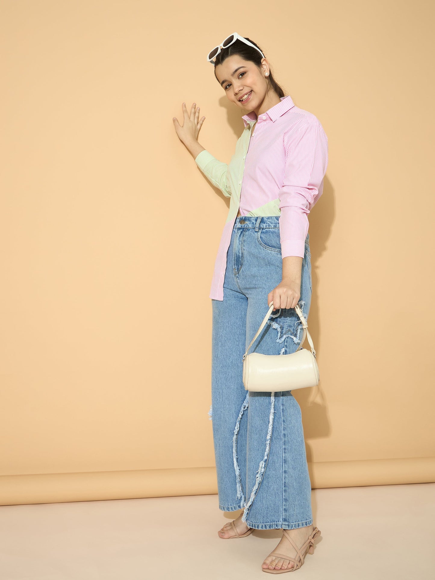 Girls Pink & Green Stripes Poplin ColorBlock Shirt