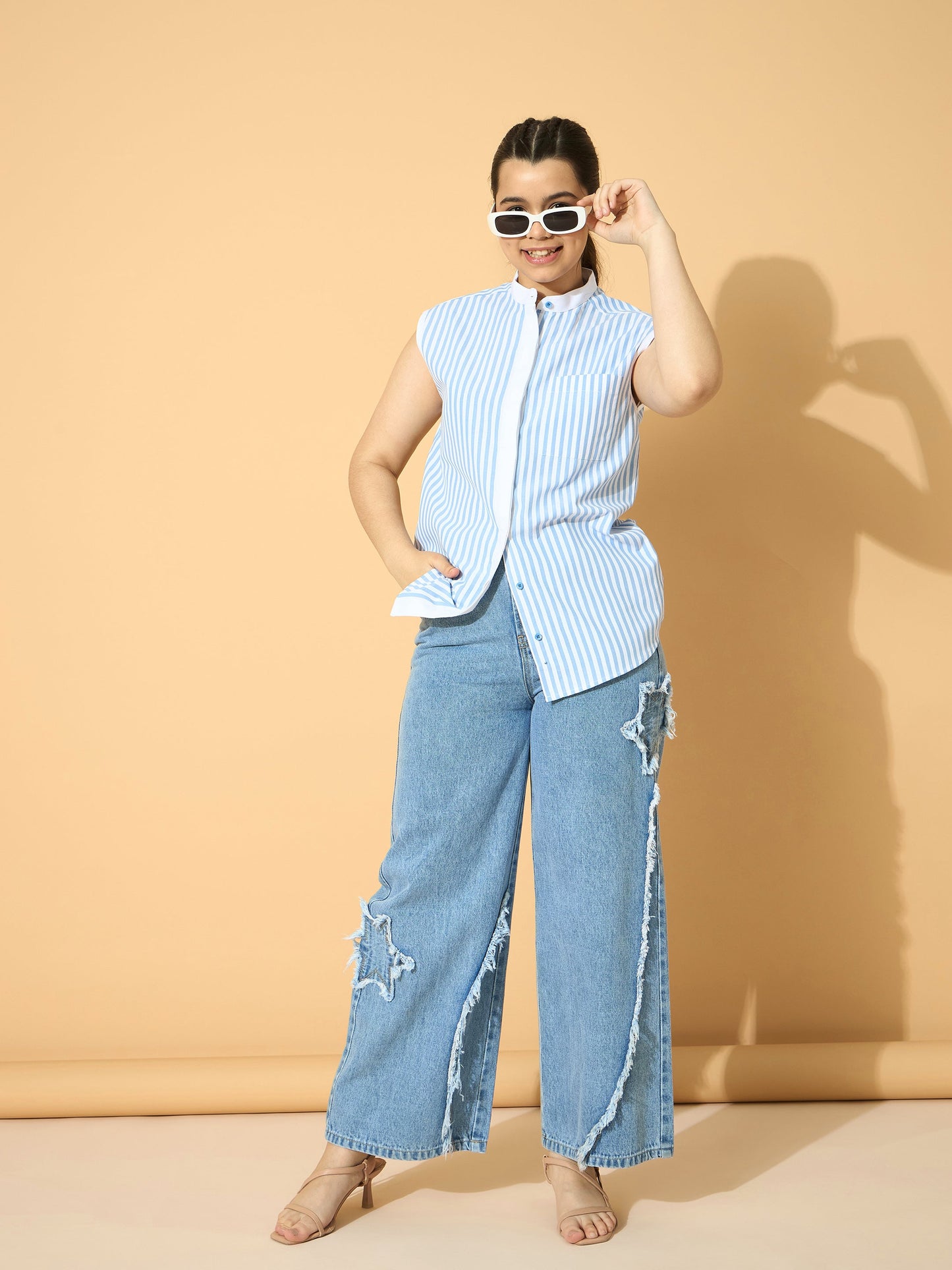 Girls Blue Stripes Poplin Sleeveless Shirt