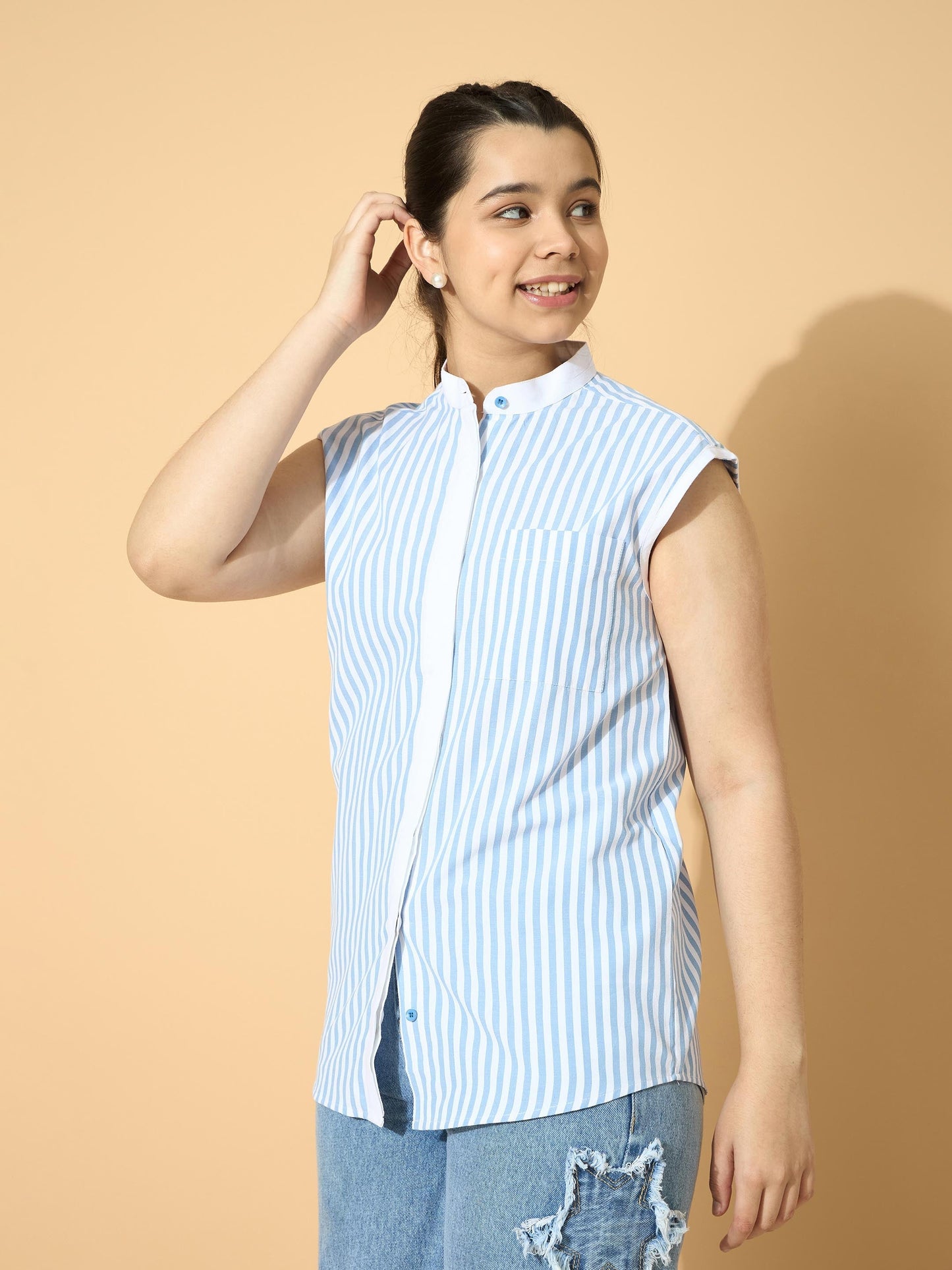 Girls Blue Stripes Poplin Sleeveless Shirt