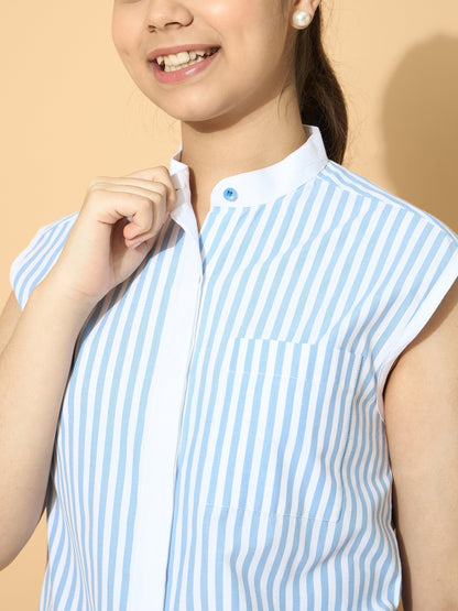 Girls Blue Stripes Poplin Sleeveless Shirt