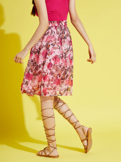 Girls Pink Organza Floral Gathered Skirt