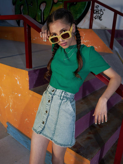 Girls Green Acid Wash Denim Front Button Mini Skirt