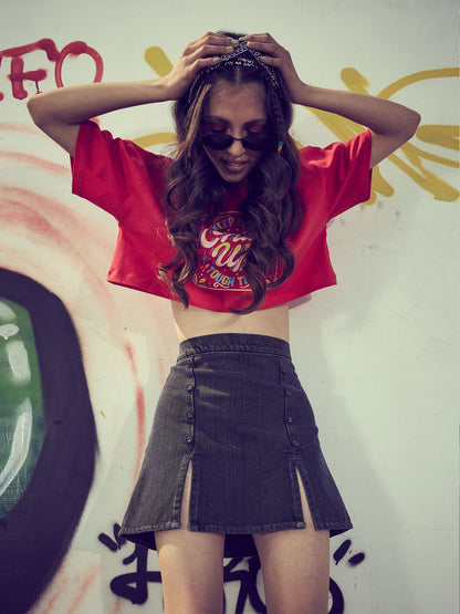 Girls Grey Denim Acid Wash Front Slit Mini Skirt