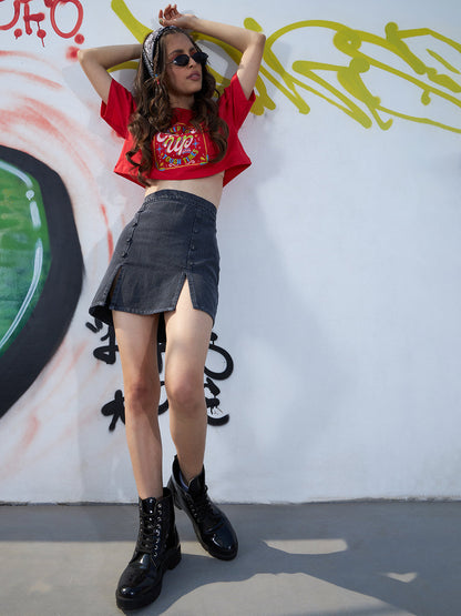 Girls Grey Denim Acid Wash Front Slit Mini Skirt