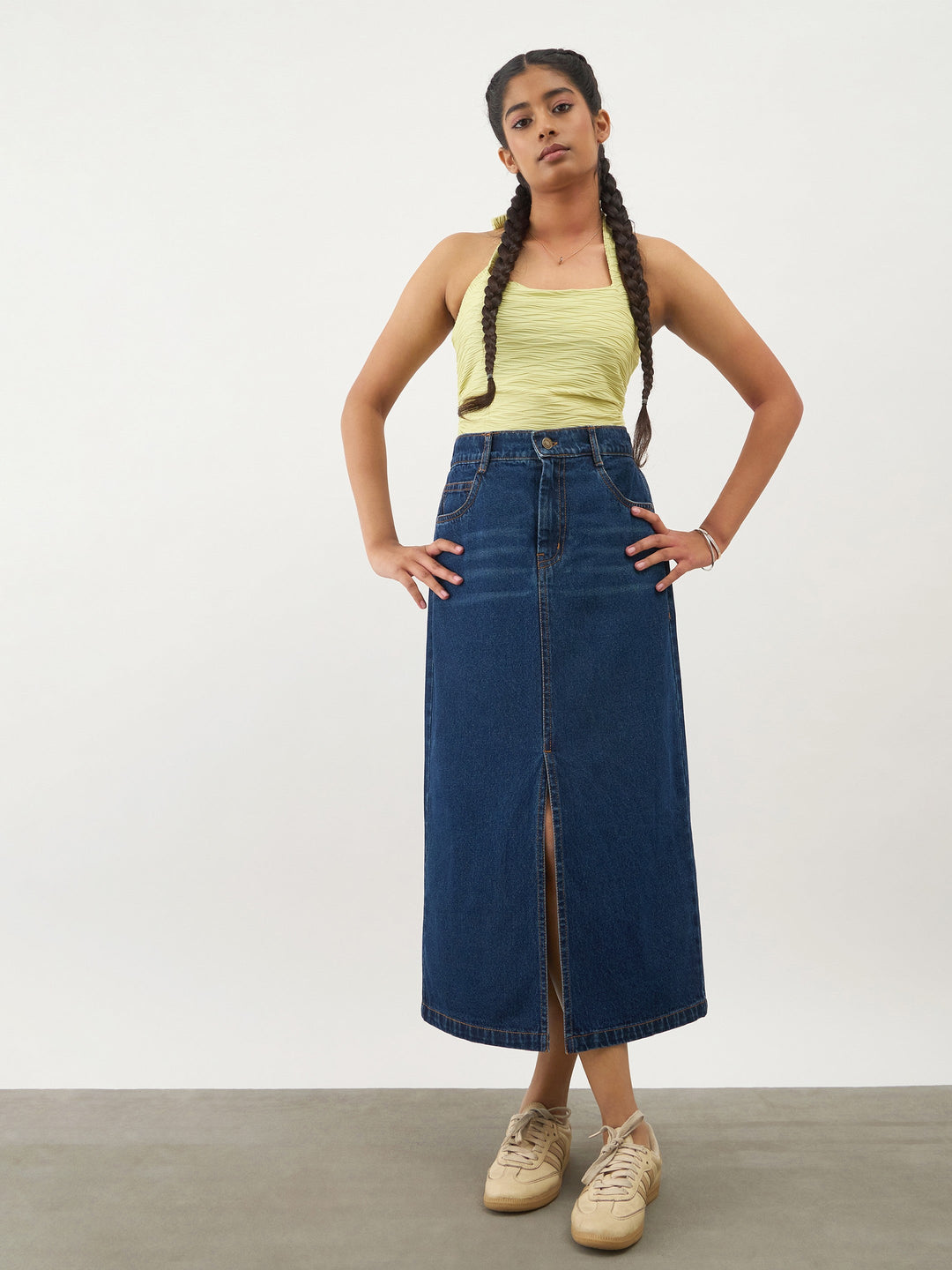 Girls Navy Blue Denim Front Slit Straight Skirt