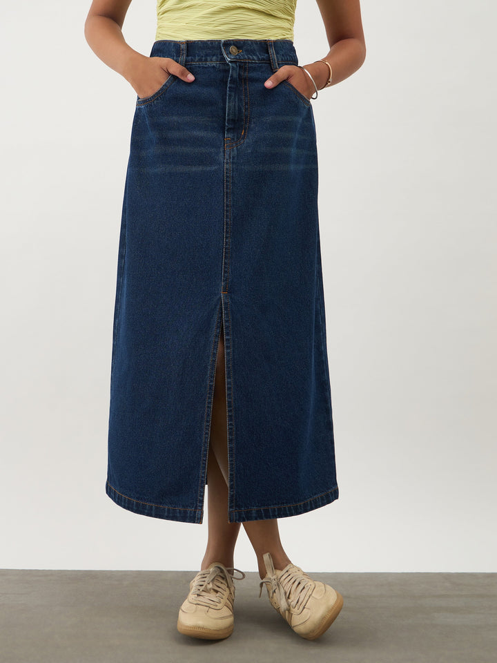 Girls Navy Blue Denim Front Slit Straight Skirt