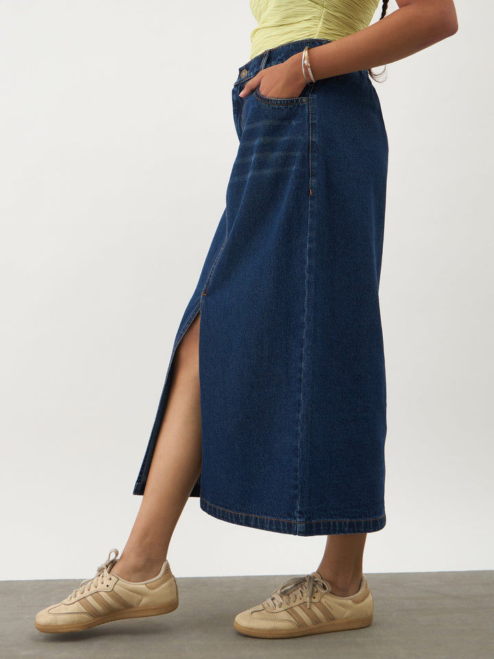 Girls Navy Blue Denim Front Slit Straight Skirt