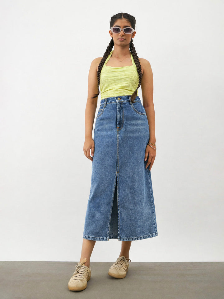 Girls Blue Blast Denim Front Slit Straight Skirt