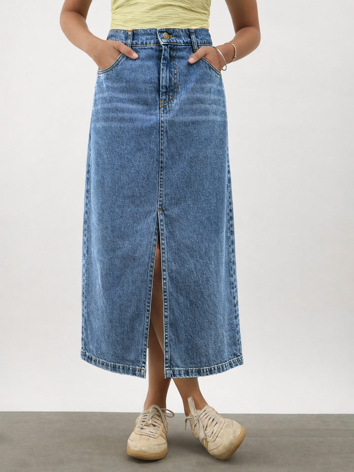 Girls Blue Blast Denim Front Slit Straight Skirt