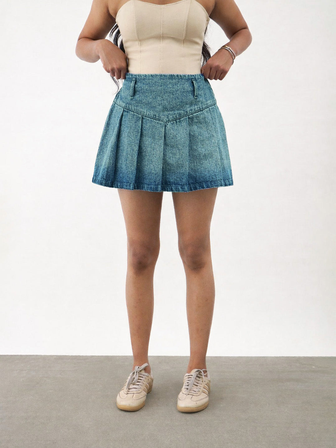 Girls Green Acid Wash Denim Box Pleat Mini Skirt