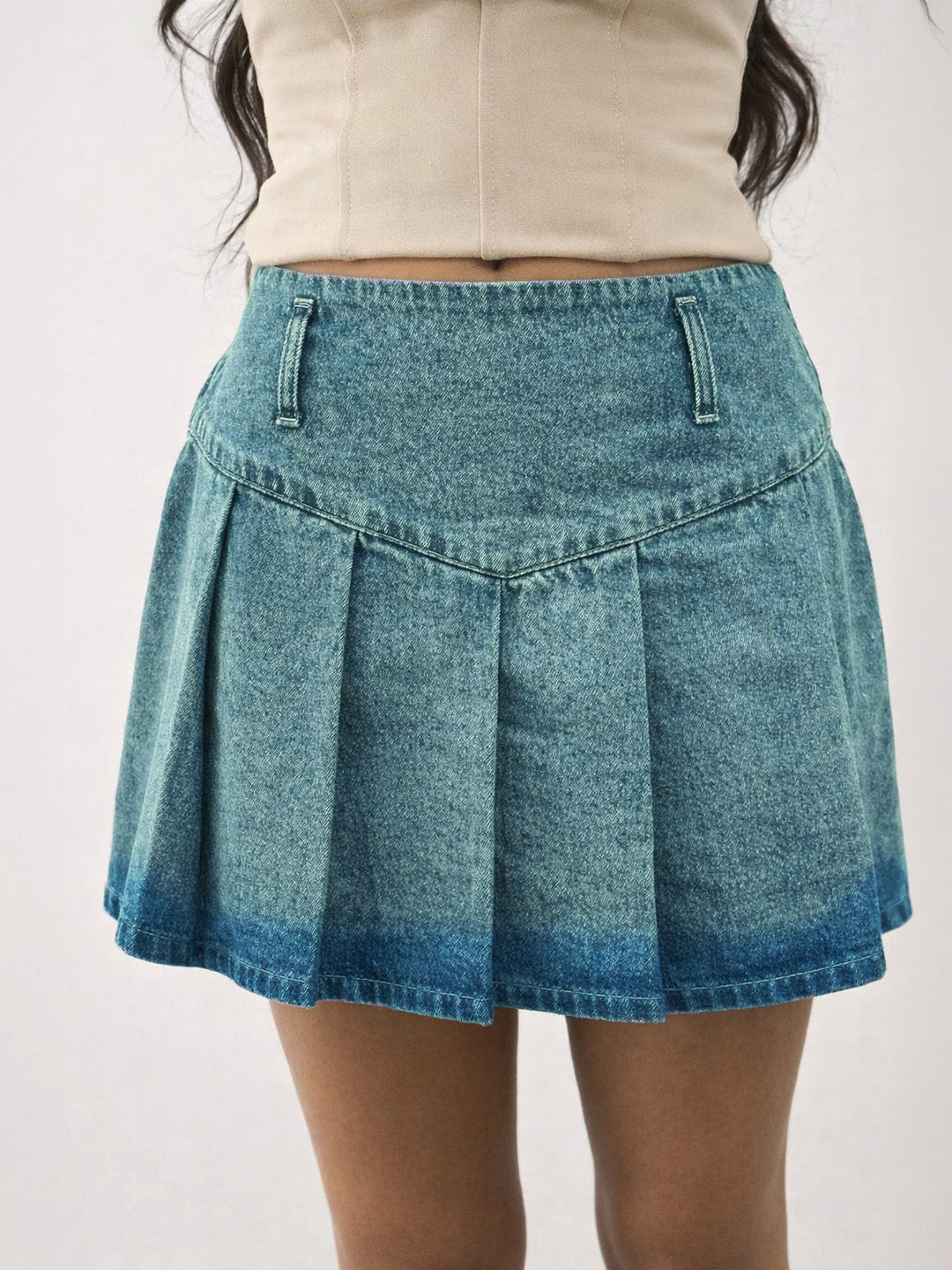 Girls Green Acid Wash Denim Box Pleat Mini Skirt