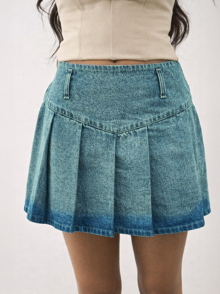 Girls Green Acid Wash Denim Box Pleat Mini Skirt