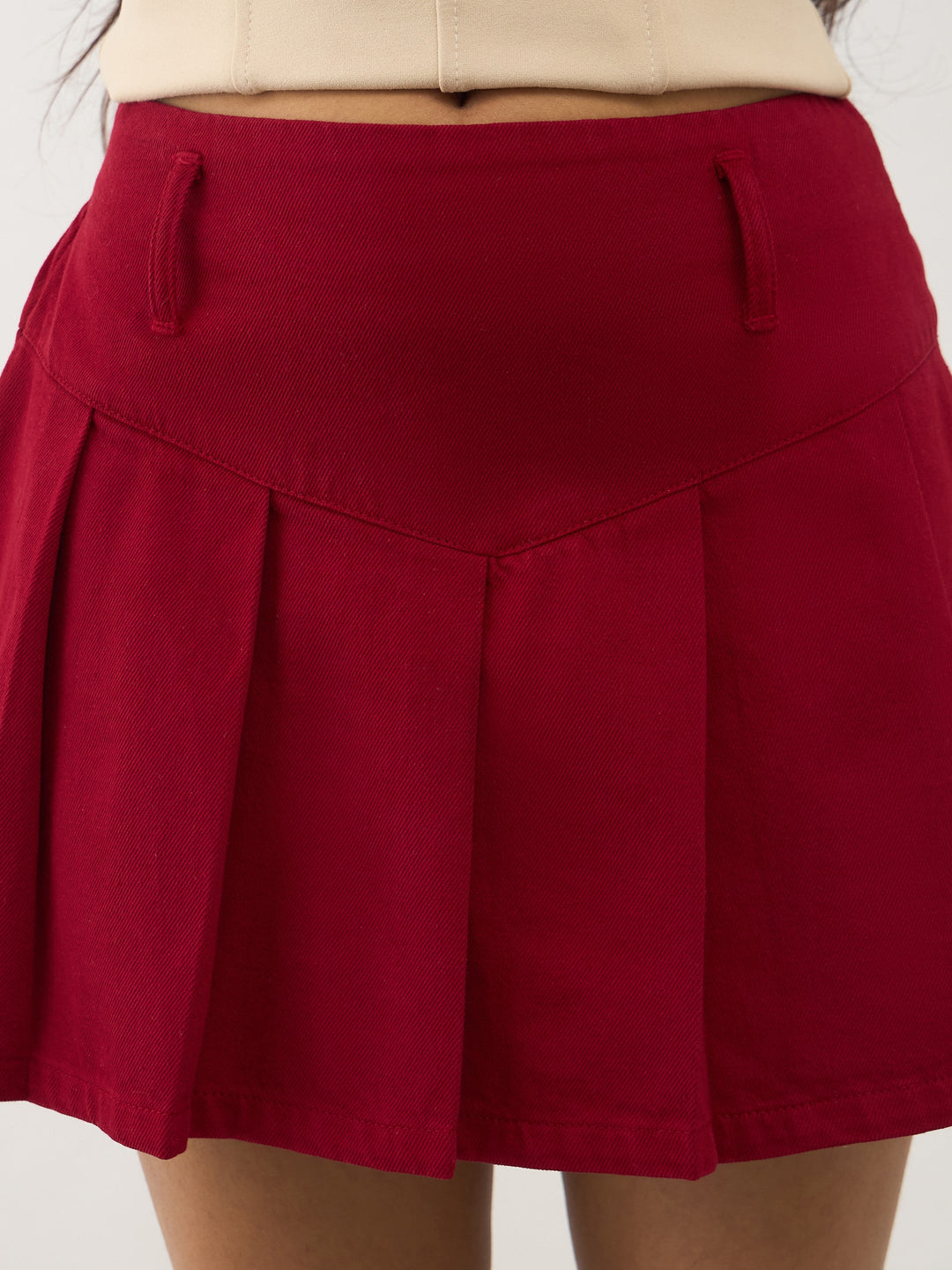 Girls Red Denim Box Pleat Mini Skirt