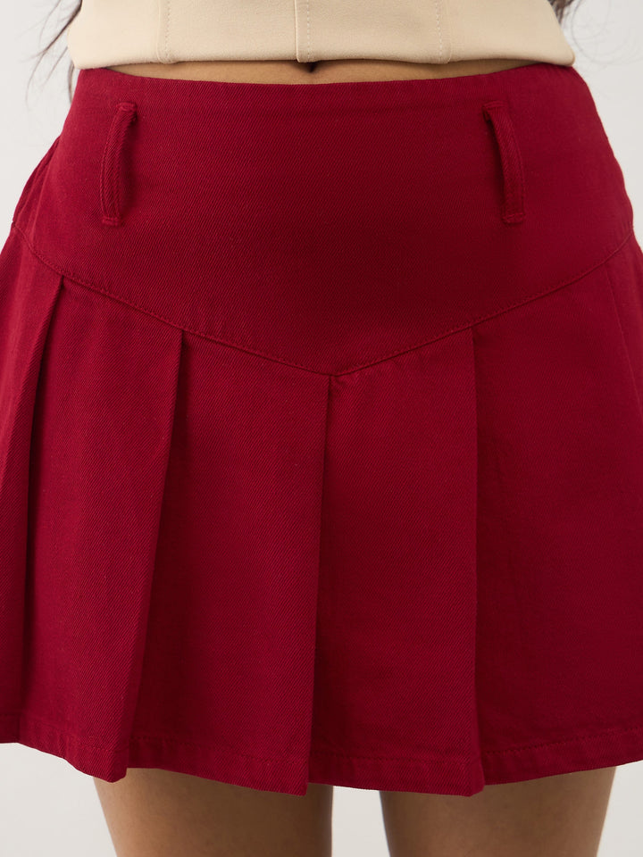 Girls Red Denim Box Pleat Mini Skirt