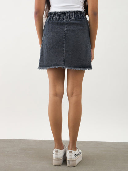 Girls Black Washed Denim Front Criss Cross Mini Skirt