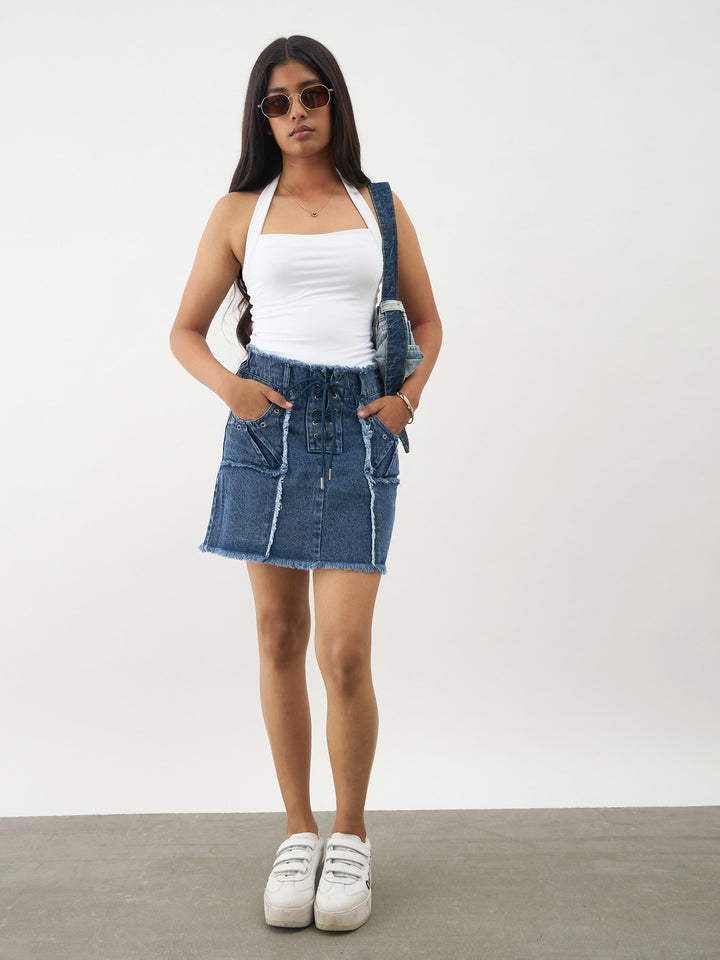 Girls Blue Blast Denim Front Criss Cross Mini Skirt