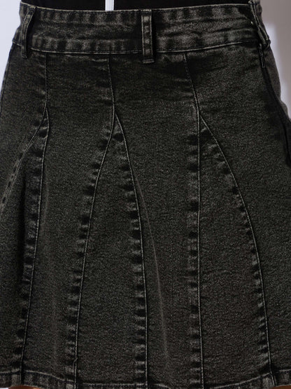 Girls Black Blast Denim Flared Mini Skirt