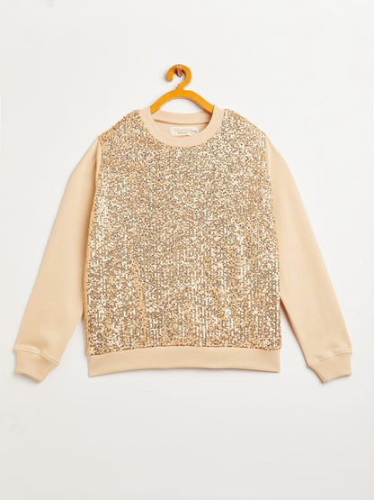 Girls Beige Front Sequence Overiszed Sweatshirt